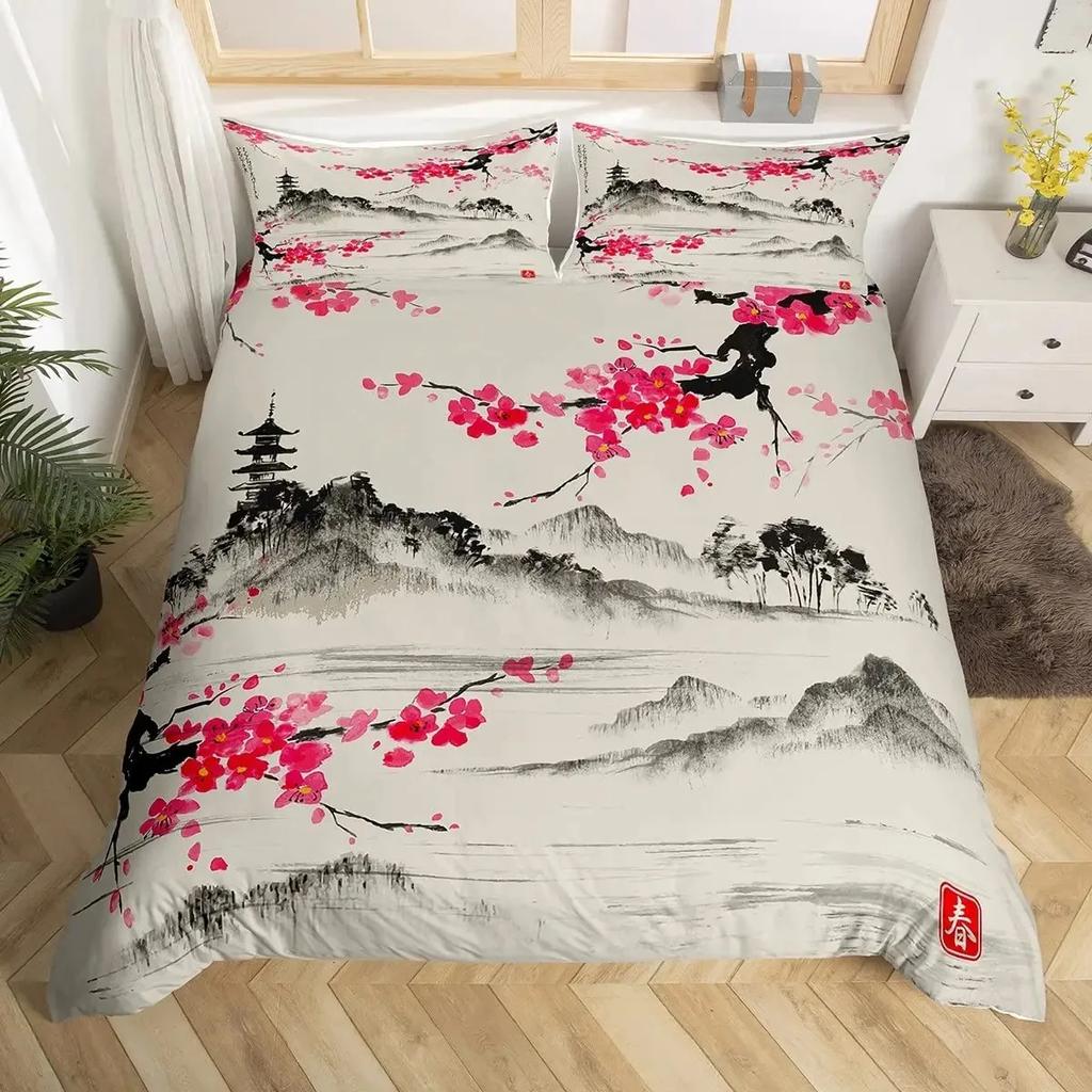 Japanische Bettwäschegarnitur, Zweig eines blühenden Sakura-Baums, Kirschblüten, Frühlingsthema, Kunst, Japanische Bettwäschegarnitur, Doppelbett