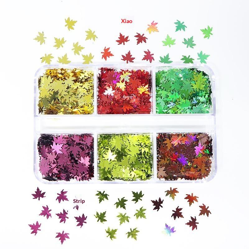 1 Set Shiny Mix Laser Nail Flakes 3D Leaf Nail Decoration 6 Grids Holographic Red Leaves Nail Glitter Sequins