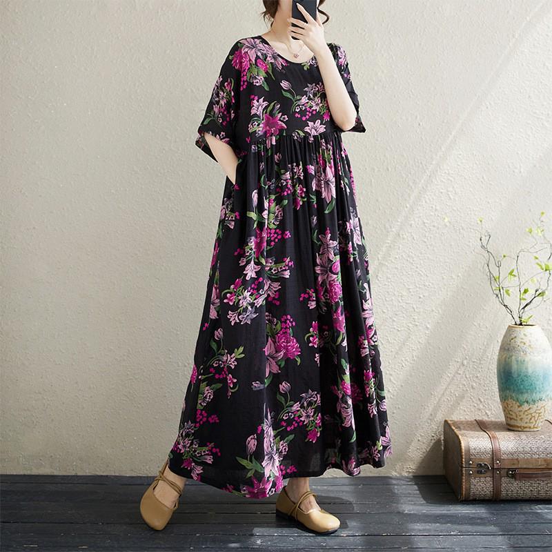 

Летнее платье в этническом стиле, с круглым вырезом, короткими рукавами, свободного кроя, стройнящее, с принтом, для женщин среднего и пожилого возраста Large Free Size