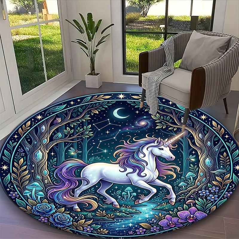 1pc Office Printed Round Carpet, Enchanted Starry Unicorn Rug, Home Sofa Chair Mat For Christmas and Halloween Décor