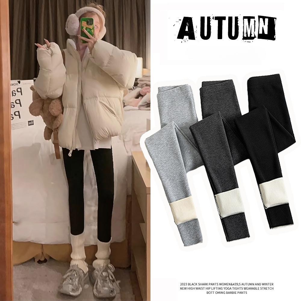 Gray Ribbed Striped Leggings Winter Outdoor Wear Thermal Underwear Women Tight Thick Warm Cotton Pants