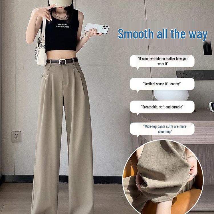 Khaki High-Waisted Slim-Fit Wide-Leg Dress Pants for Women - Spring/Summer Collection