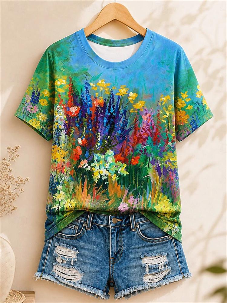 Women's Simple and Versatile Casual Short-Sleeve Floral Print Round-Neck Elegant T-Shirt Stylish Loose-Fitting Women's Top