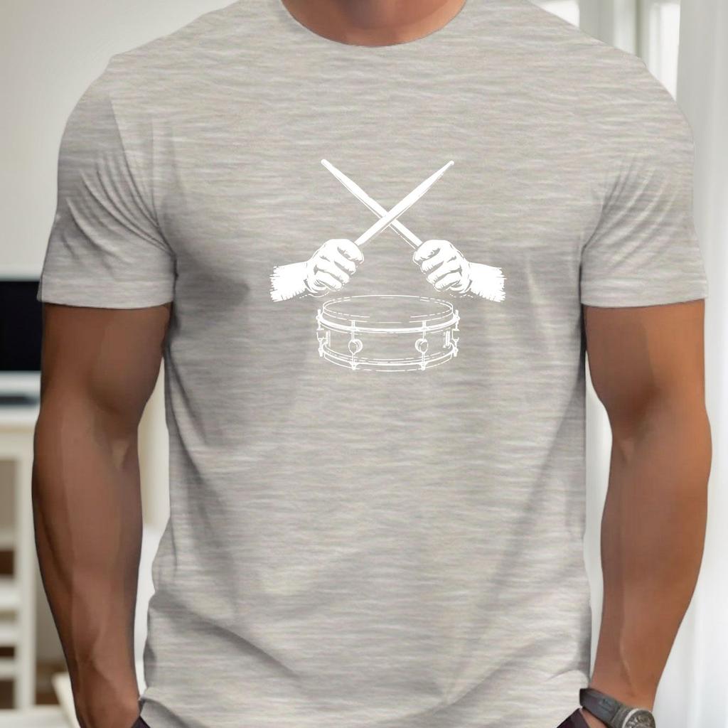 Unisex Drumming Graphic Casual TShirt Green with White Drumsticks Cymbals Print Summer Short Sleeve Round Neck Tee for Music