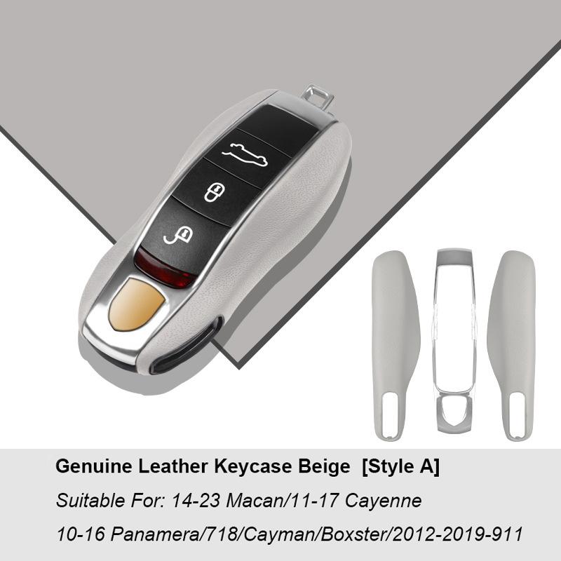 Luxury Genuine Leather For Porsche Boxster Cayman Panamera Cayenne Macan 718/911 Taycan Car Key Case Cover Protective Keychain
