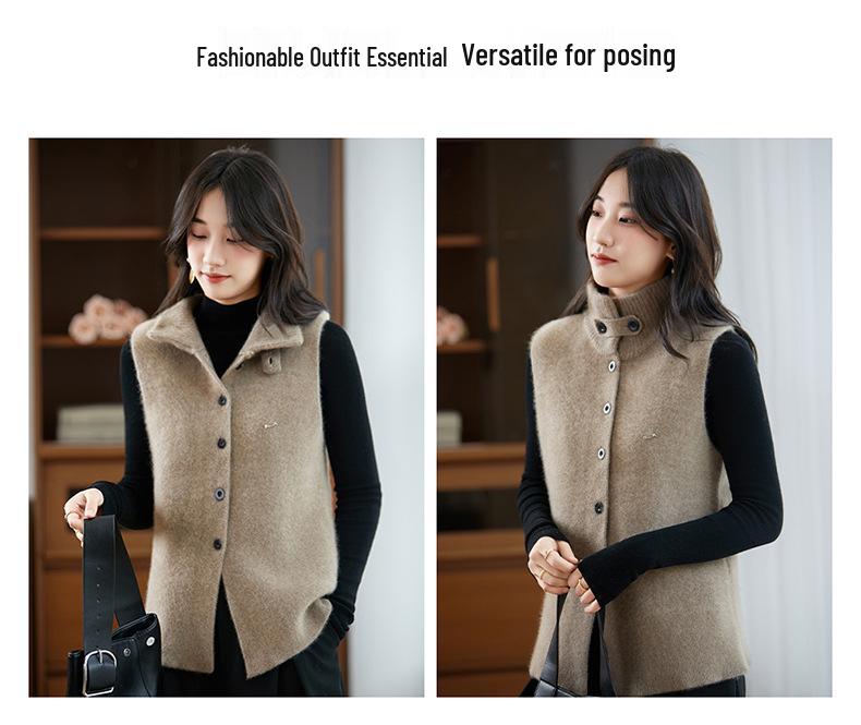 Women's 100% Cashmere Button-Up Vest, Thickened High-Neck Cardigan Sweater, Ideal for Layering As Outerwear Wool Knitwear
