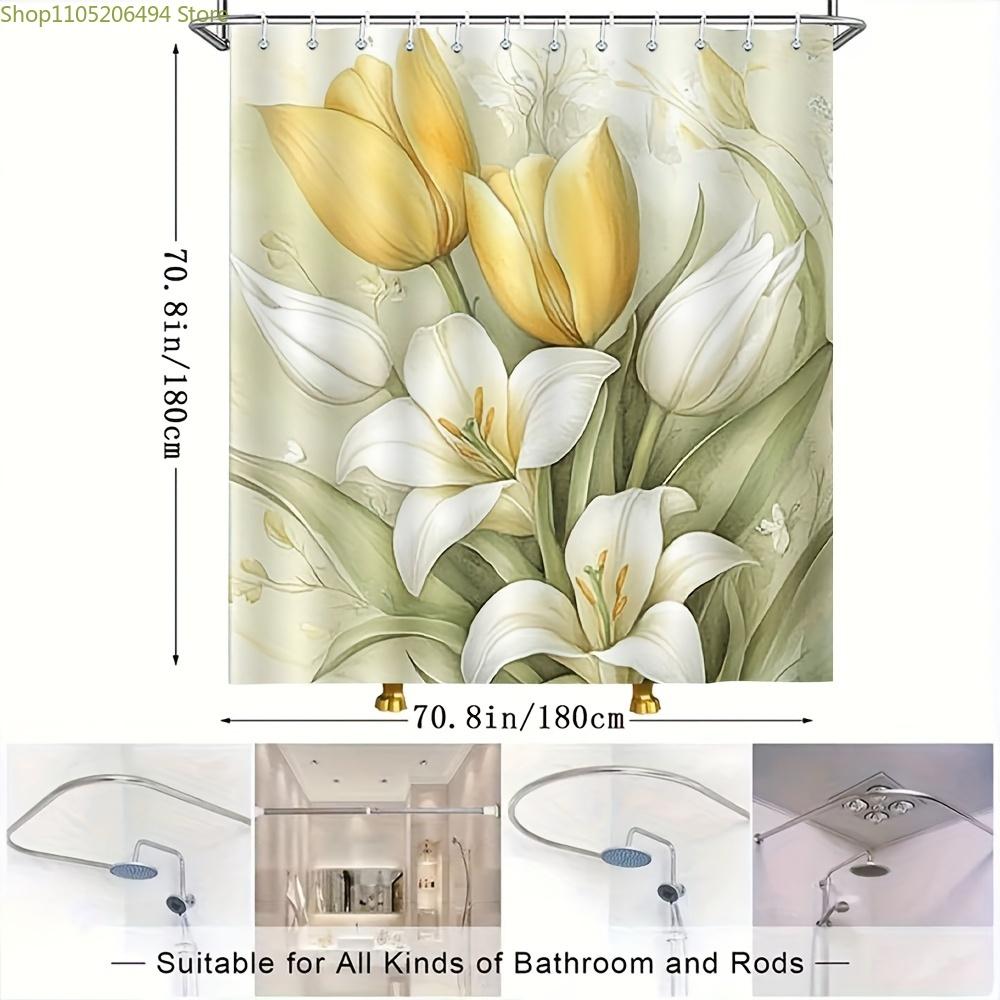 1pc Elegant Yellow Tulips & White Lilies Watercolor Shower Curtain - Super Soft Polyester, Machine Washable, Artistic Bathroom