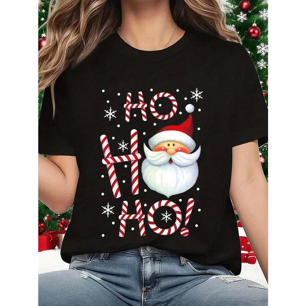 Fashion Spring and Summer New Models, Women's Crew Neck, Cartoon Santa Pattern Letter Printing Short Sleeves