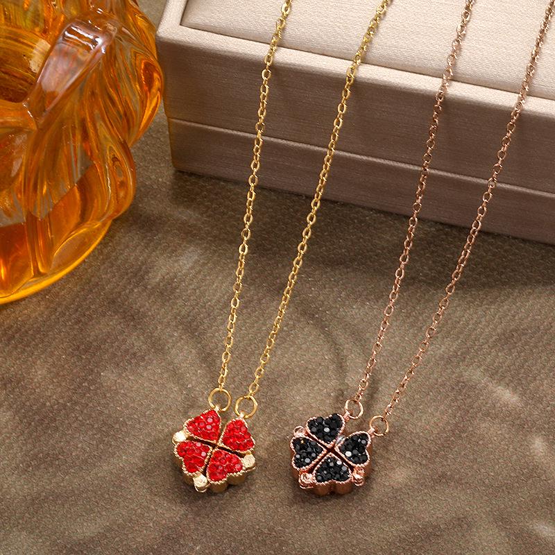 Magnetic Four-Leaf Clover Rhinestone Pendant Necklace In Titanium Steel - Versatile Fashion Clavicle Chain for Women