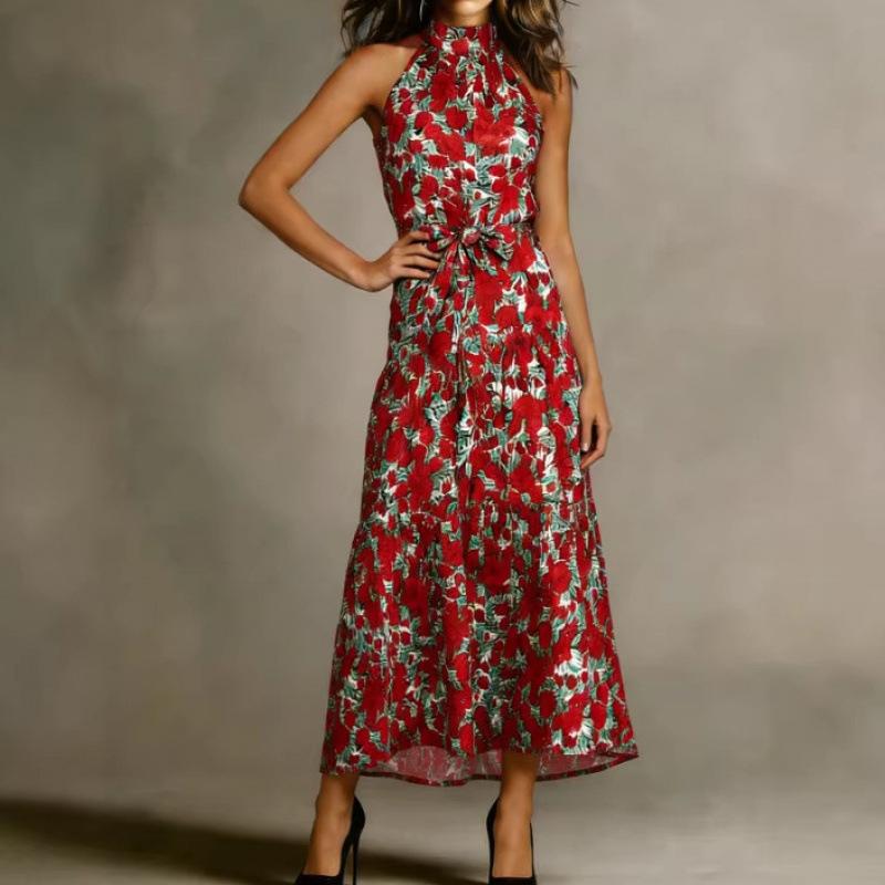 European and American Summer Long Dress New Bohemian Vacation Print Neck Sleeveless Long Dress