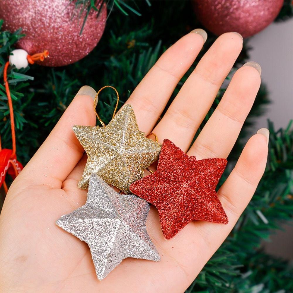 24PCS 5CM Christmas Pentagram Pendant Hanging Ornaments Stars Pendant Glittering Stars Baubles Gift New Year Xmas Tree Hanging