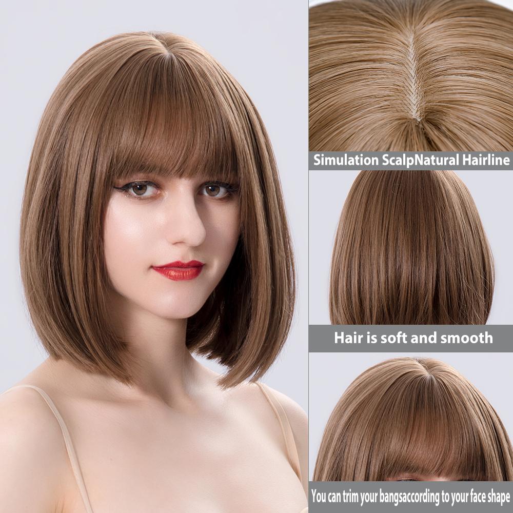 Parrucche Sintetiche Corte Castane Lisce per Donne Bianche con Frangia Nuturale Resistenti al Calore Cosplay Lolita 12 POLLICI Capelli Quotidiani