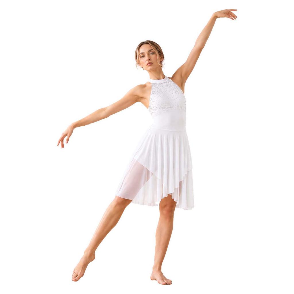 Shiny Rhinestone Lyrical Dance Dress Women Halter Sleeveless Keyhole Back Asymmetrical Mesh Built-in Briefs Figure Skating Performance