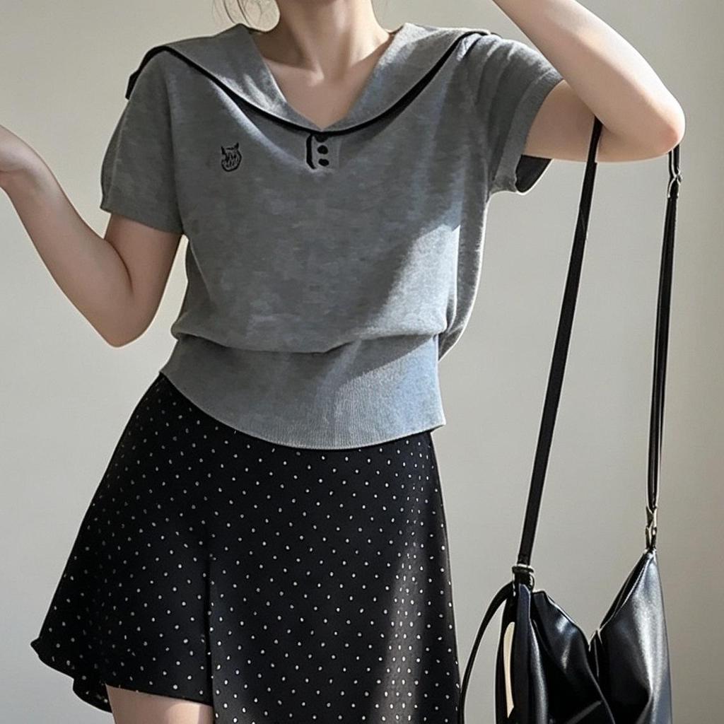 Korean Chic Sailor Collar Knit Top - Women's Slimming Loose Fit, Short Sleeve Summer Design