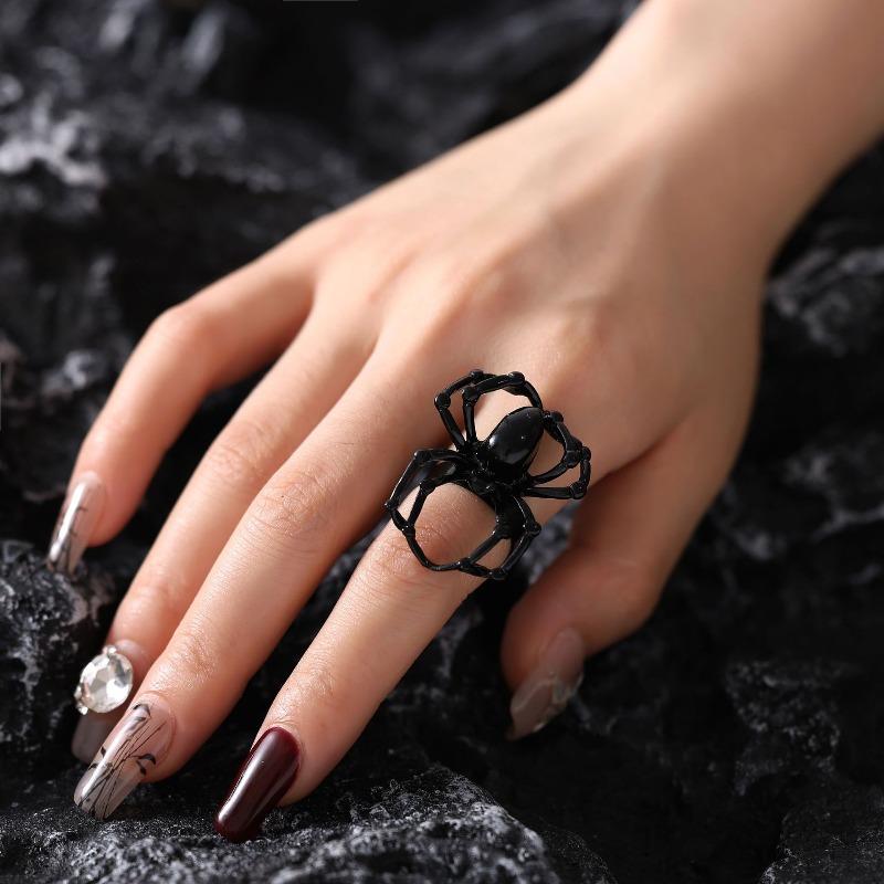 BLINGBAY Damen Vintage Gothic Spinnenring Schwarzer Edelstein Statement Verstellbarer Finger Schmuck für Halloween Party