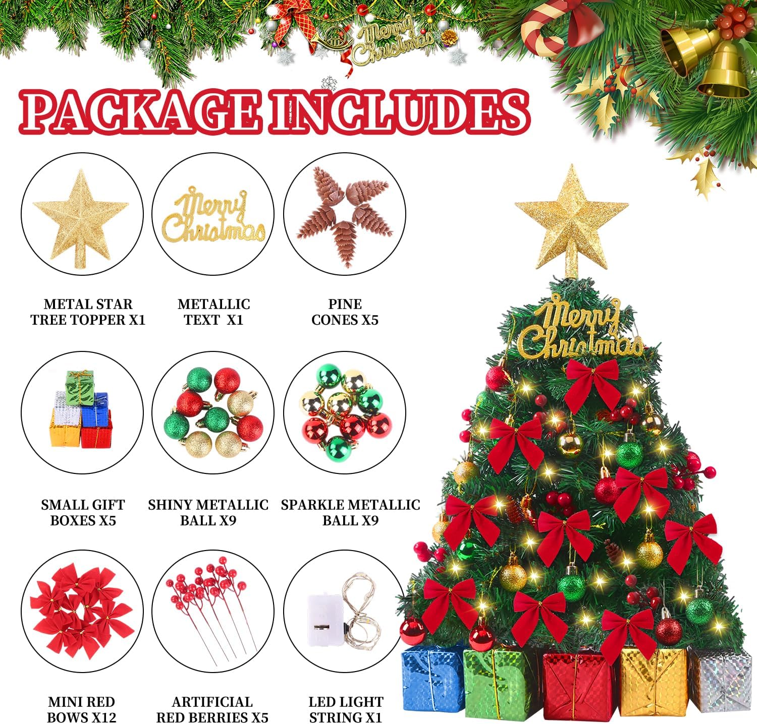

23 Inch Mini Christmas Tree with Lights, Decorated Bow, Ornaments & Star for DIY Indoor Holiday Decoration 0.6M