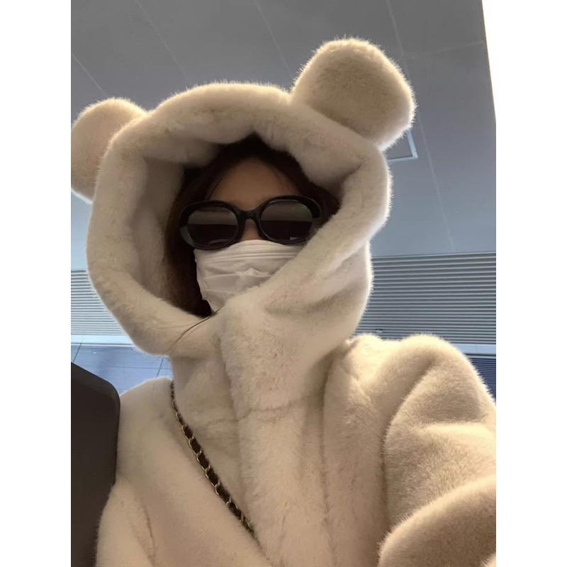 Korean Style Mink Fur Coat Women Winter Warm Hooded Plush Long Thick Jacket