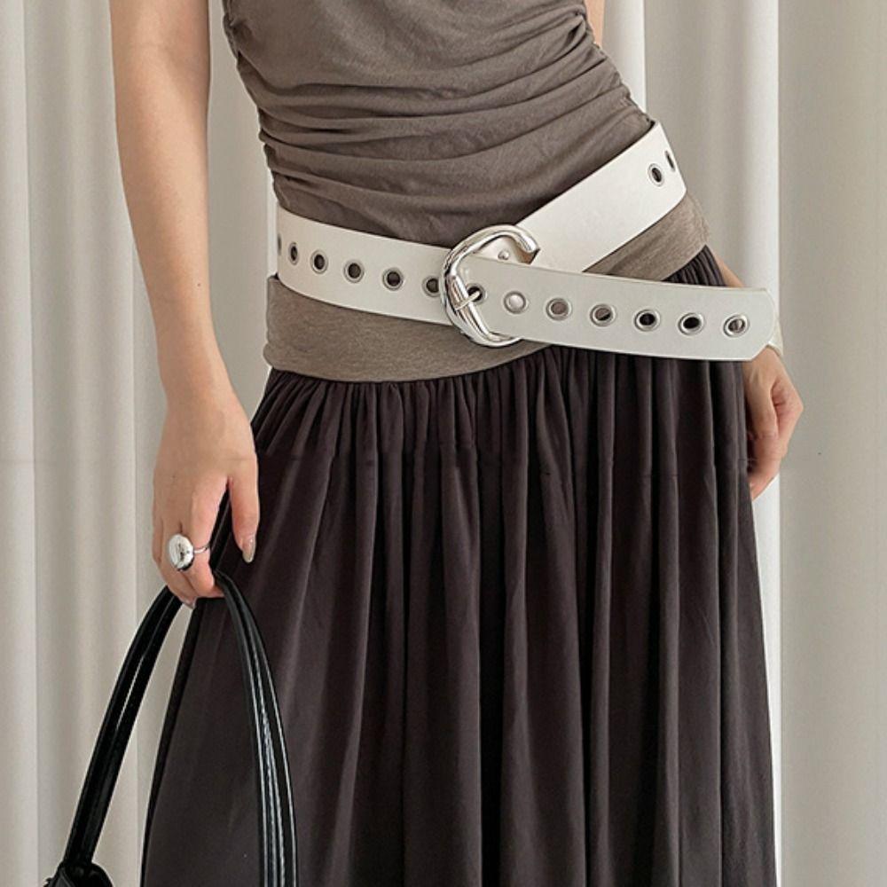 Double-Row Hole Women Wide Belt Vintage Punk Style Belt Leather Waistband Pants Accessories