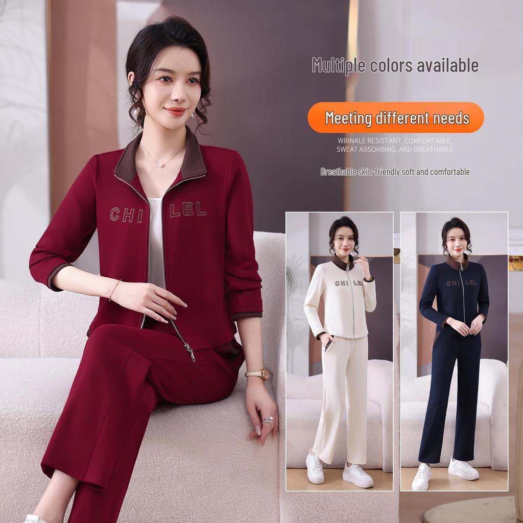 Spring 2026 Women's Color Block Stand Collar Sportswear Set with Embroidery and Hot Drilling - Two Piece Casual Fashion for Moms
