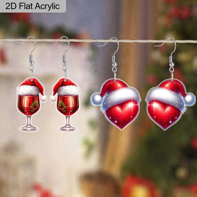 2D Flat 2pairs Y2K Fashion Christmas Hat Heart-Shaped Wine Glass Acrylic Dangle Earrings, Perfect Gift for Women, Christmas Party Jewelry