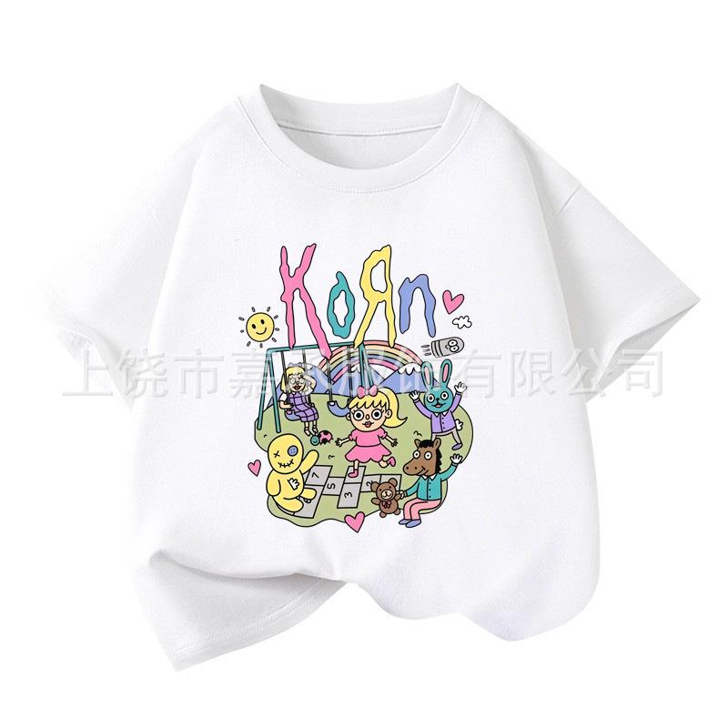 Korn Cartoon Rockband Metal Übergroßes Baumwoll-T-Shirt für Jungen & Mädchen - Harajuku Gothic Stil Sommerkleidung 120 cm white