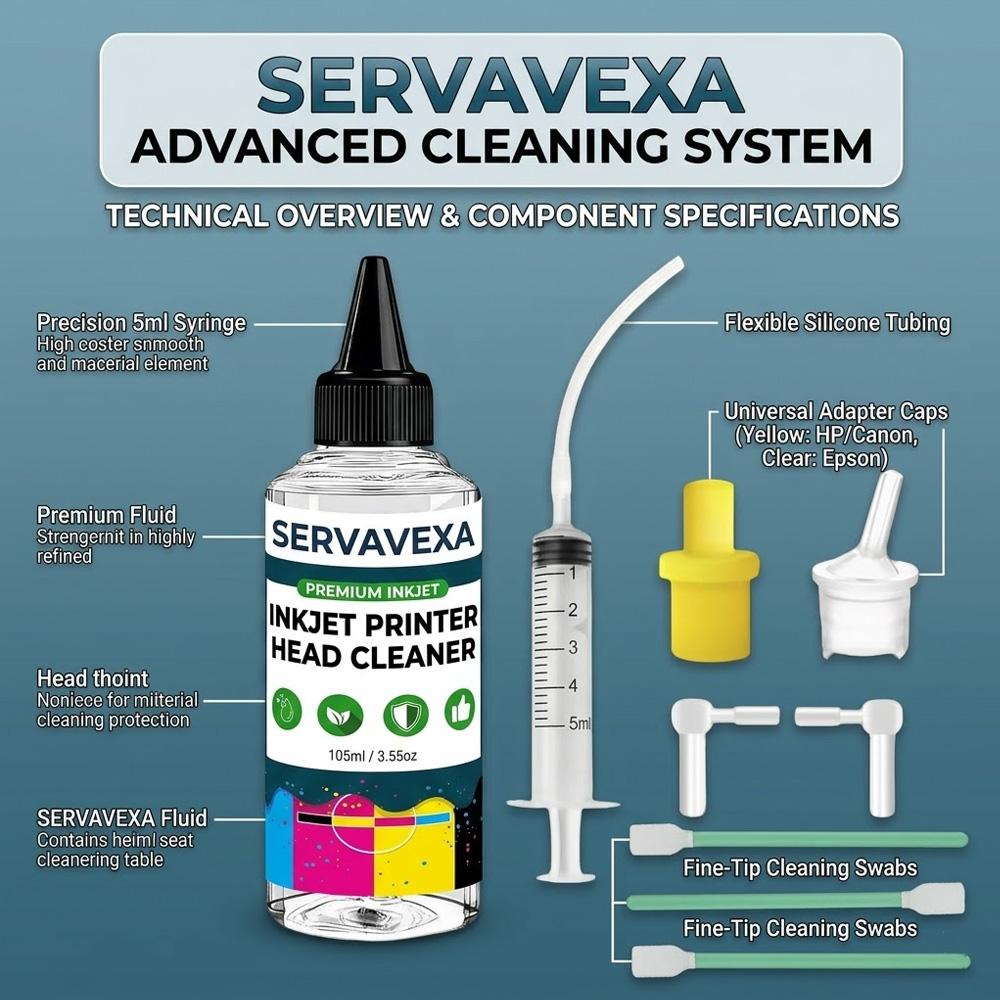 SERVAVEXA Zestaw do czyszczenia głowicy drukarki atramentowej 105 ml dla Epson HP Canon Brother Lexmark - Roztwór i narzędzia do odblokowania dysz głowicy drukującej