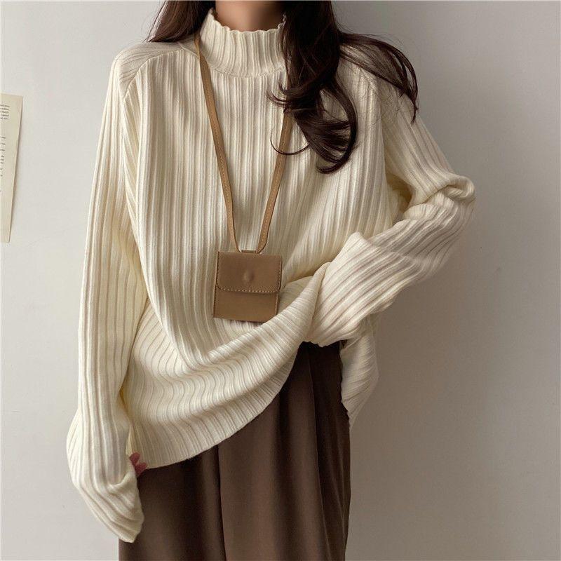 Half Turtleneck Knitted Sweater Loose Solid-color Sweater for Women Casual and Versatile Pullover for Autumn and Winter Outerwear