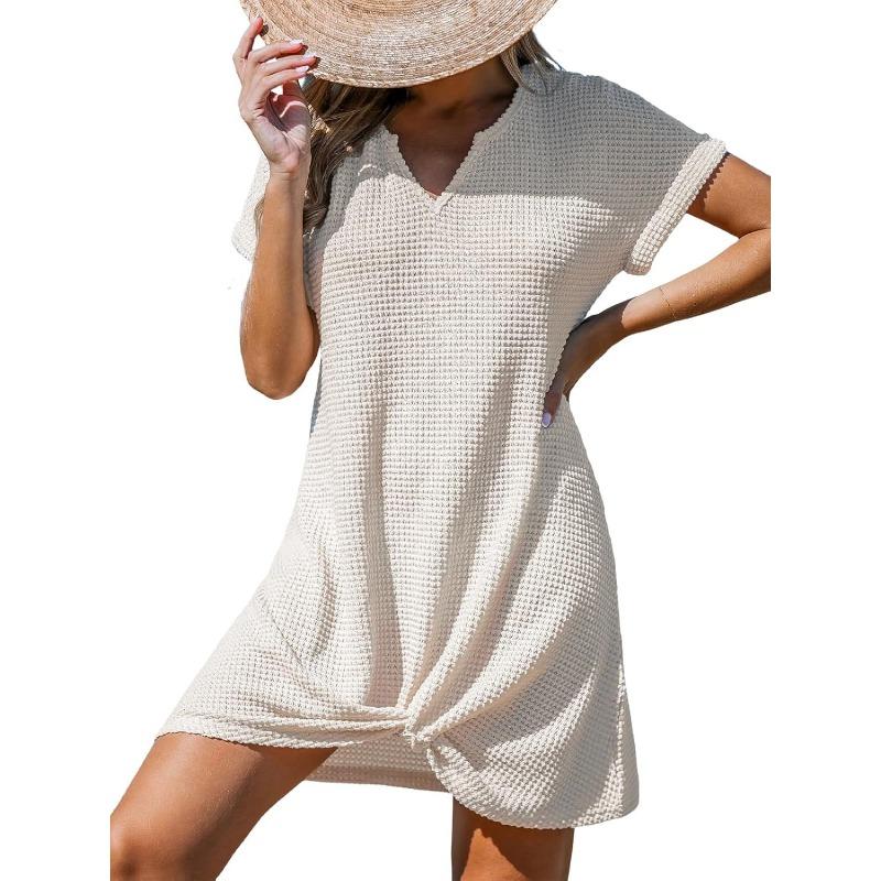 JPNTKY Women's Fashion Summer Spring Solid Color Print V-Neck Short Sleeve Casual Dresses