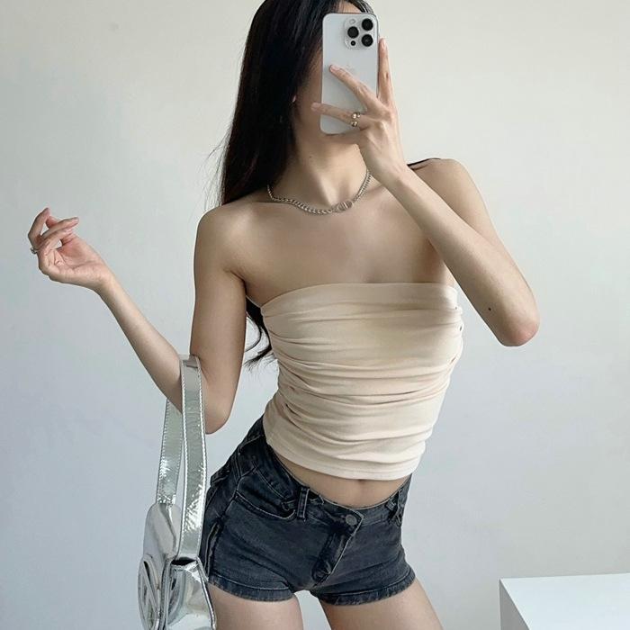 Tube top one-word collar pleated outer wear summer dopamine slim top women's summer sexy babes waist vest double layer