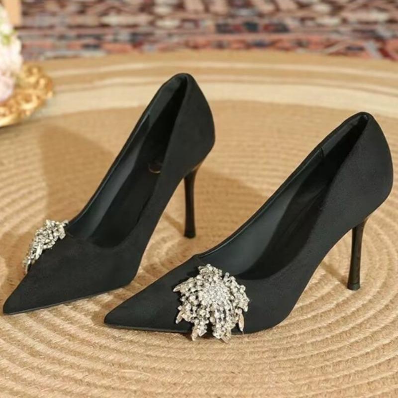 Fashion Fall New Pointed Toe Shallow Suede Slip-on Non-slip Sequin Heels Temperament Stiletto