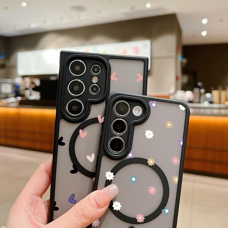 For Samsung Galaxy S24 S23 S22 Ultra S24 Plus S23 FE Flowers Case Magnetic For Magsafe Wireless Charging Clear Matte Phone Cover