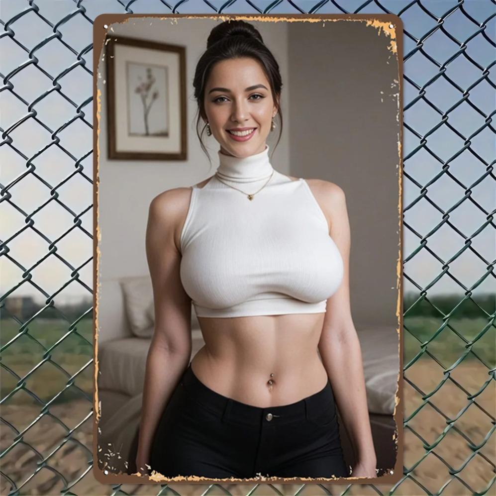 Sensual Woman in White Halter Crop Top and Black High Waisted Pants D Flat HD Metal Picture Wall Art Decor for Bedroom Living R