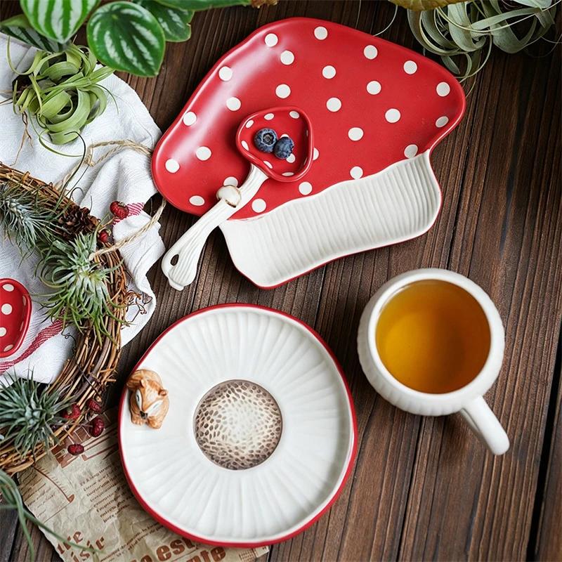 Cute Squirrel Mushroom Ceramic Tableware Set Red Polka Dot Porcelain Teapot Plate Bowl Cup For Breakfast Dessert Home Decor Gift
