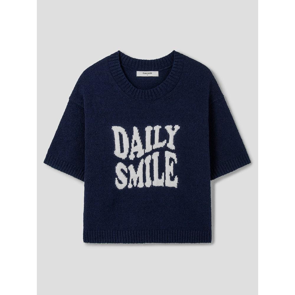 8SECONDS Wave Letter Jacquard Round Neck Short Sleeve Pullover Navy