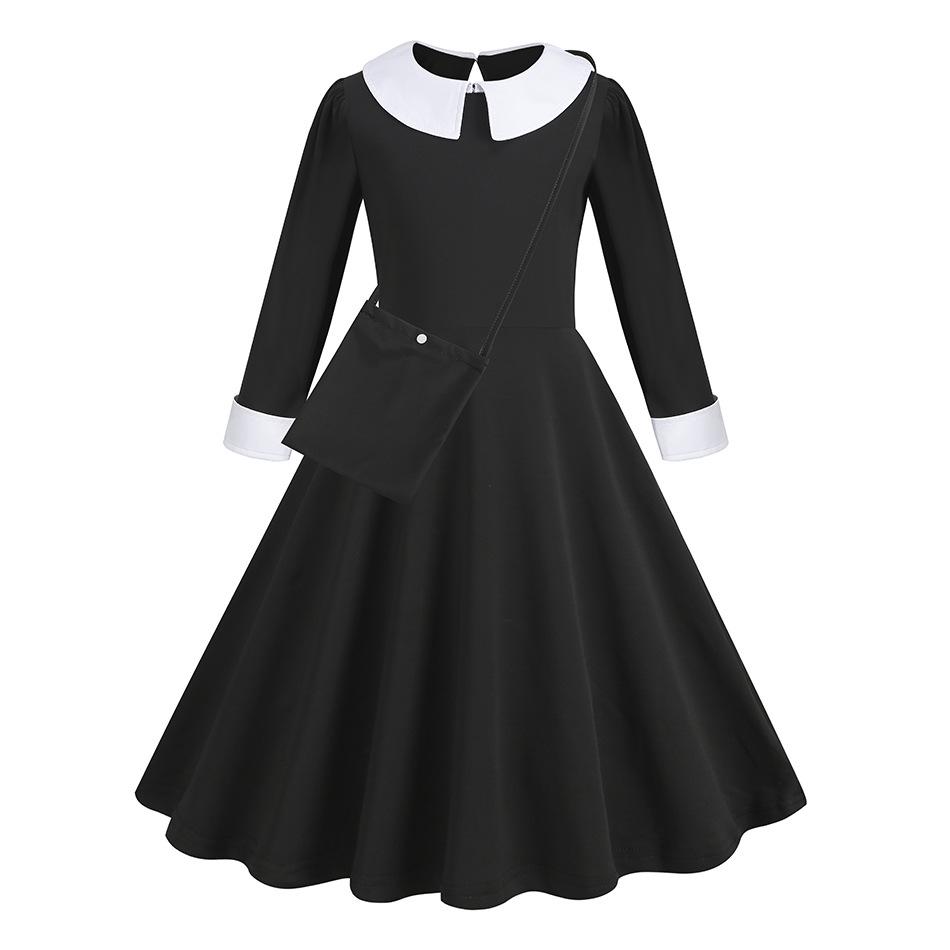 Abito Cosplay Nero in Seta di Latte di Wednesday Addams