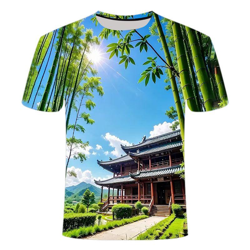2024 summer new 3D printed short sleeved personalized creative trend bamboo forest series men's and women's round neck T-shirt