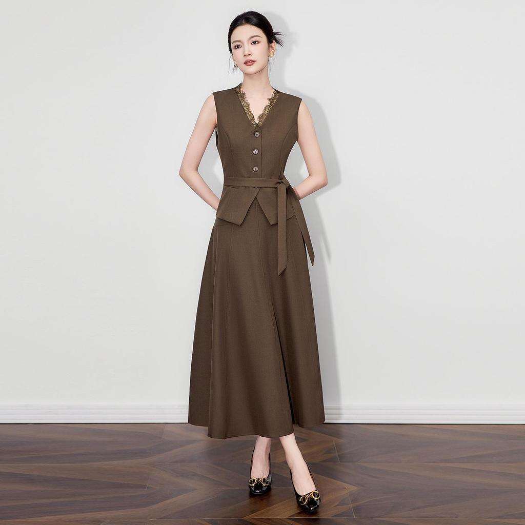 Elegant Lace V-Neck Vest & Midi Skirt Set - Women's New Autumn Style
