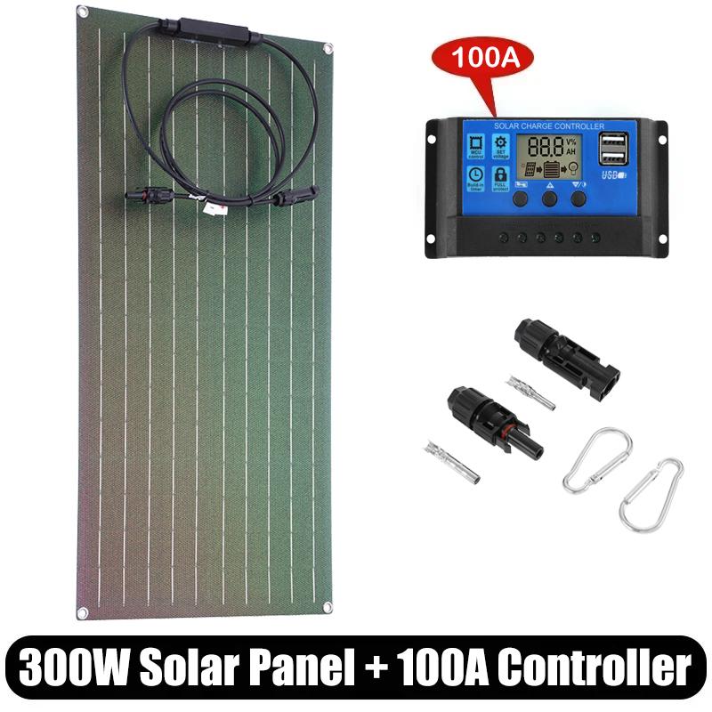 300W Solar Panel Kit 18V ETFE Flexible Monocrystalline Solar Cell Power Charger with 60A Controller for Camping Yacht RV Car 4