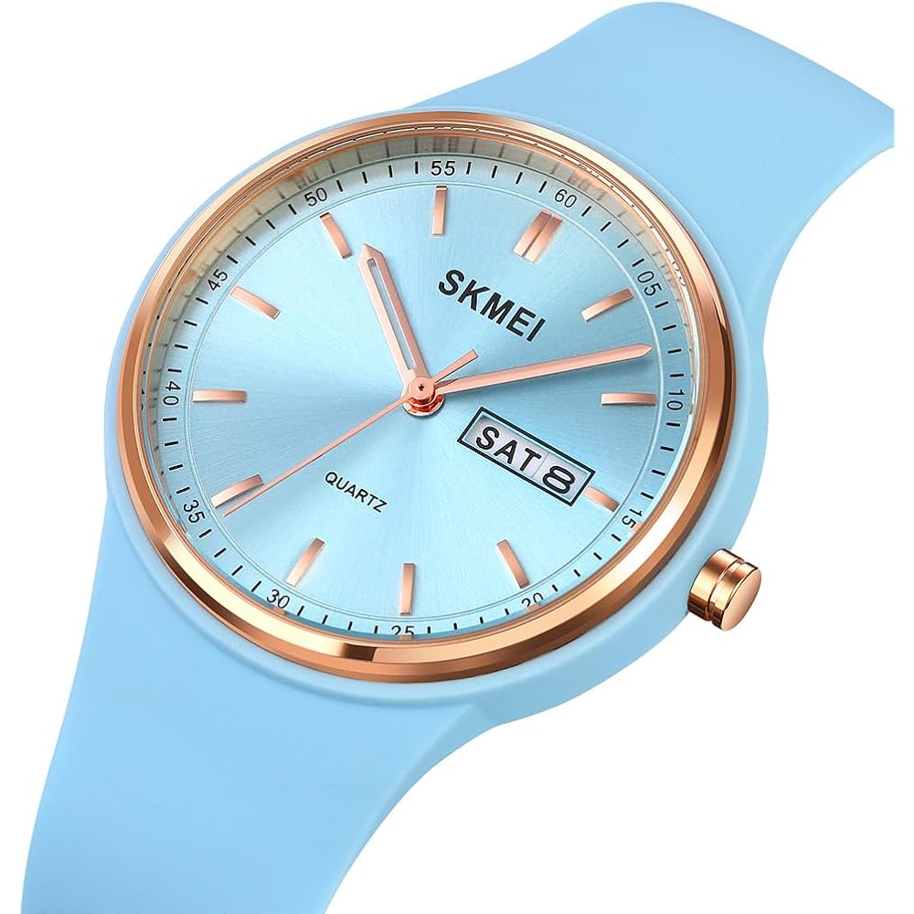 SKMEI Women's Casual Silicone Waterproof Sports Watch Light Blue Simple Design with Date and Day Display