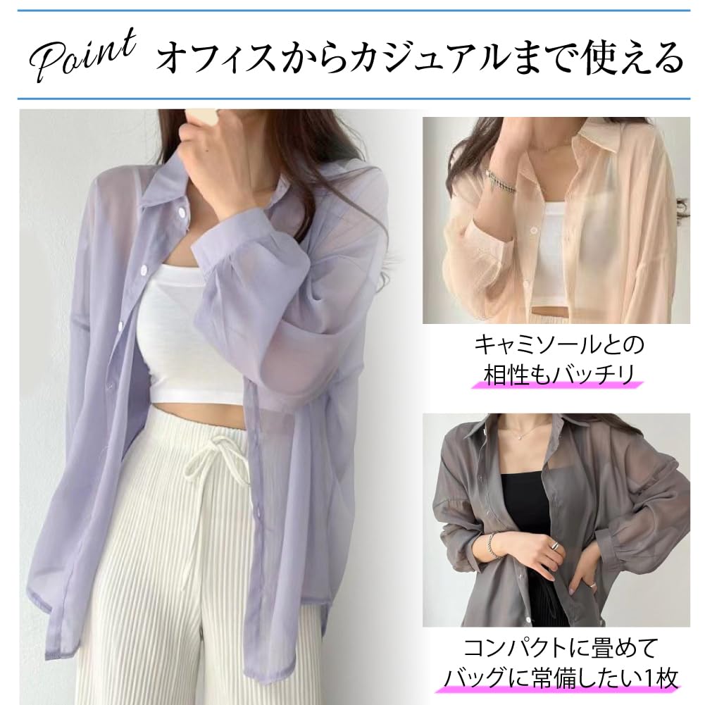 FLYUTH Sheer Long Loose Women's Shirt, Sleeve, See-Through, Elegant, Office-Ready, Casual, Fit, Spring/Summer (Size M, Pink)