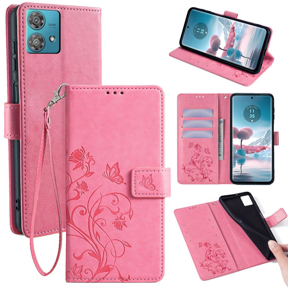 Für Motorola Edge 40 Neo 5G Handyhülle mit Handschlaufe Leder-Klapphülle mit Schmetterling-Blumen-Prägung