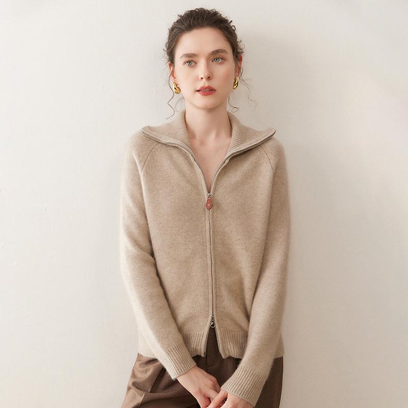 Women's High Neck Cashmere Cardigan – Solid Color, Loose Fit, Zipper, Autumn/Winter Collection, Thick Knit Outerwear.