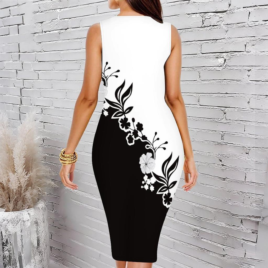 Women Plus Size Crew Neck Sleeveless Midi Dress Cyan Background Sunflower Allover Print Bodycon Dress