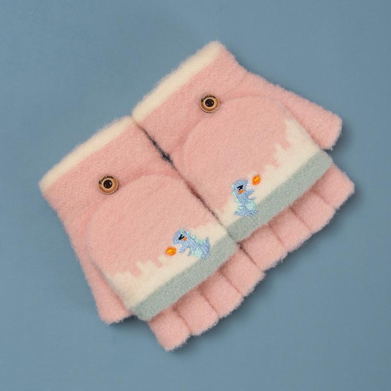 Xuehuaxiu children's thermal gloves knitted men's and women's middle children's flip dinosaur cute cartoon thermal gloves wholesale