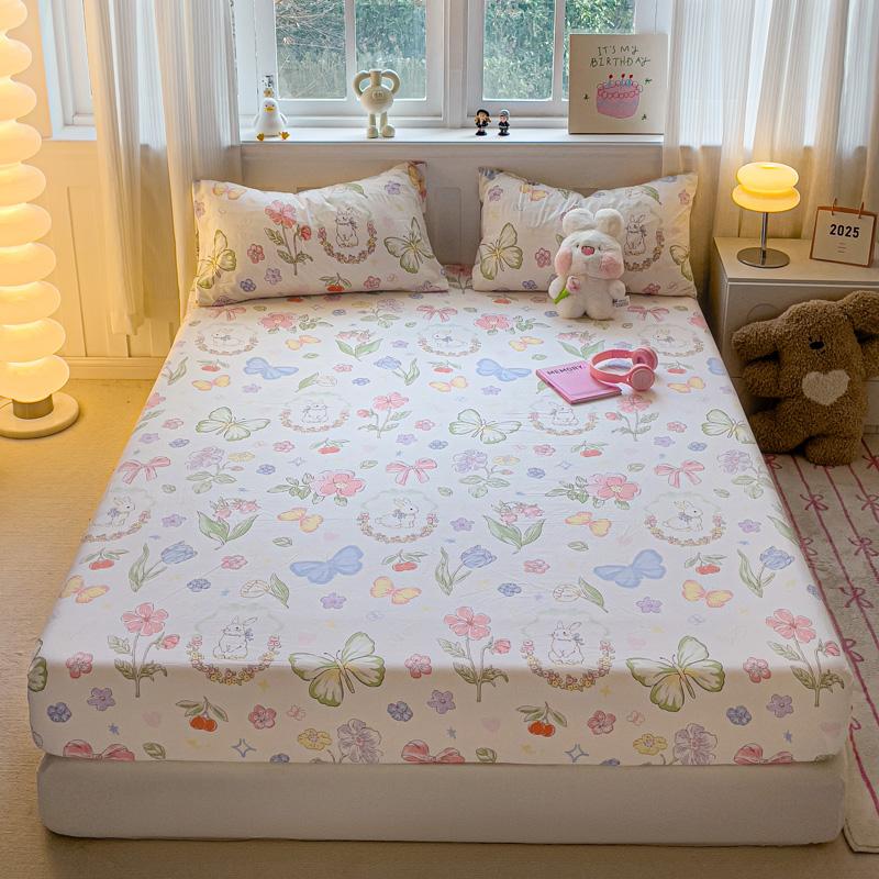 Washed Cotton Fitted Sheet with Elastic Bands Non Slip Adjustable Mattress Cover Printed  Pure Cotton  for Double King Queen