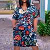 Summer Plus Size V Neck Short Sleeve Knee Pocket Gradient Print Casual Dress For Women