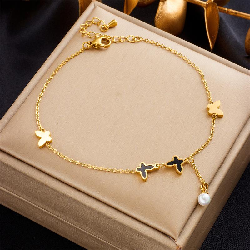 Fashion Niche Simple Versatile Titanium Steel Heart Butterfly Pearl Charm Anklet