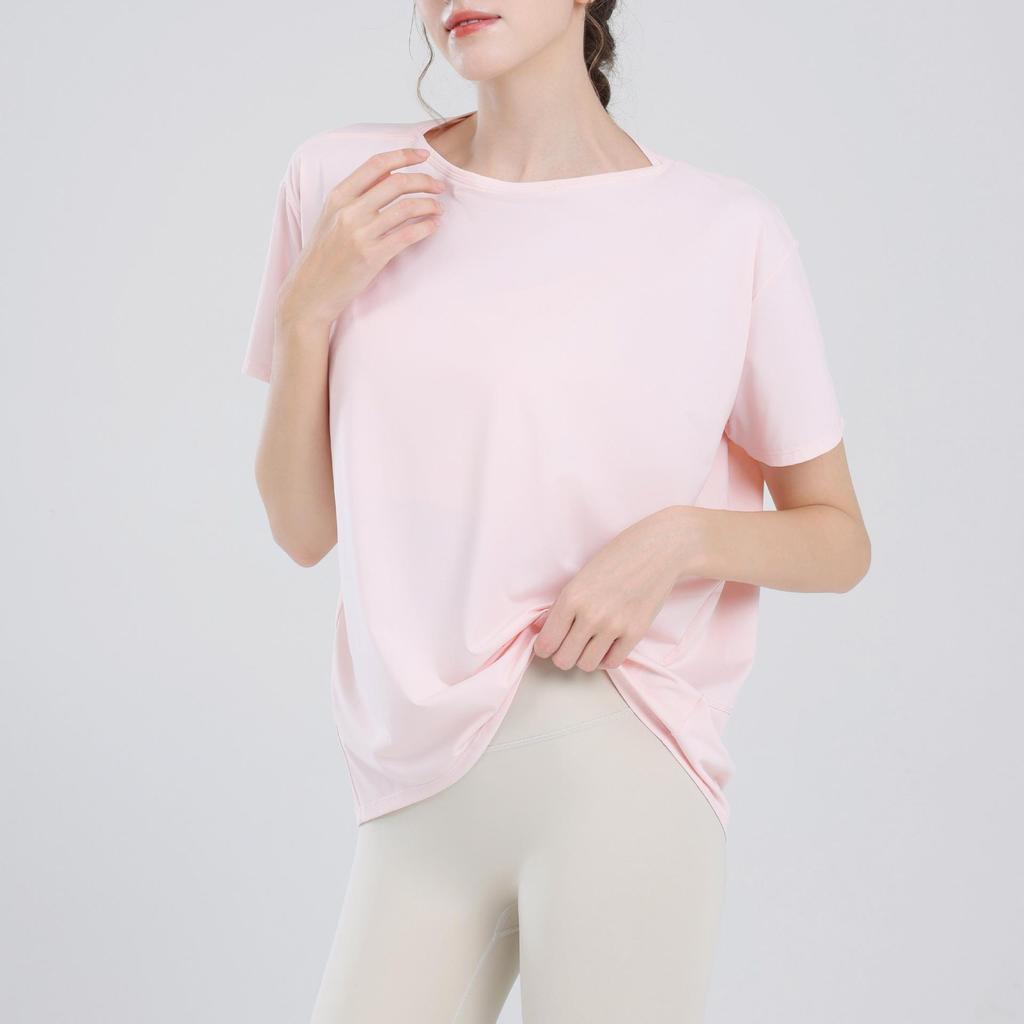 Women's Nude Sports Vest: Loose, Hip-Covering, Slimming Yoga Tops & Summer Training Tees with Short Sleeves.