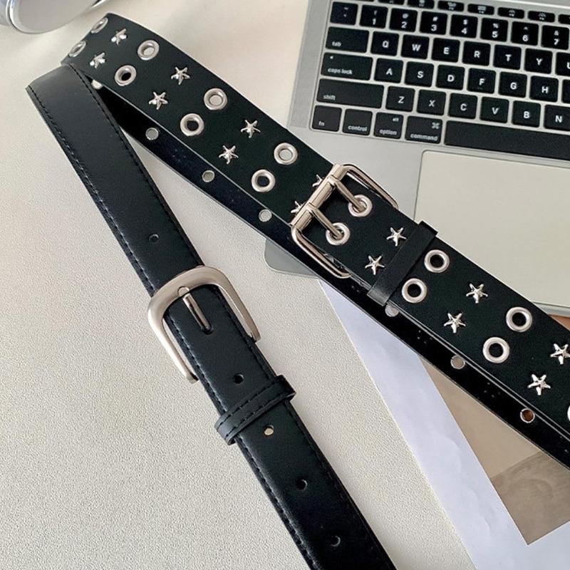 PU Leather Punk Waist Belt with Star Rivets And Double Buckles Holes For Daily Wear and Theme Occasion Dressingup Props