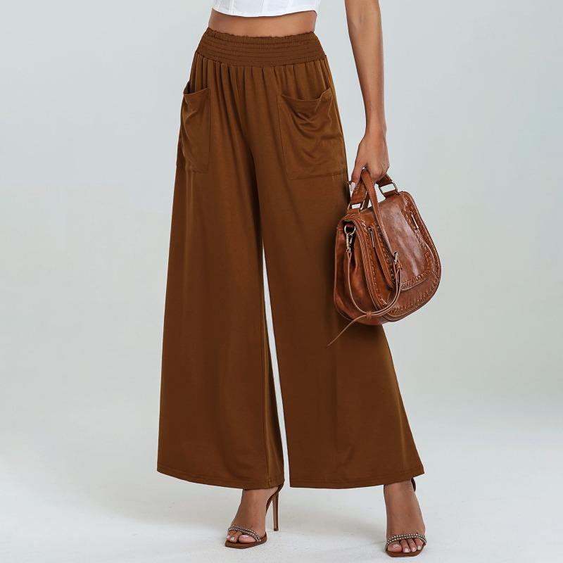 Fashion Loose Elastic Waist Women's Wide Leg Pants High Waist Casual Office Simple Office Trousers with Pockets Solid Color Elegant Clothing